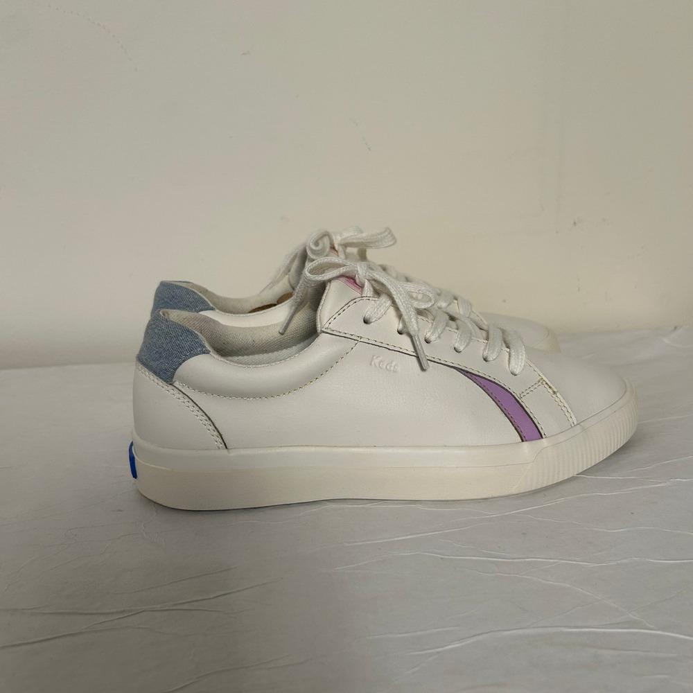 Keds Pursuit White Leather Sneakers Purple Stripe Blue Denim Size 7M‎